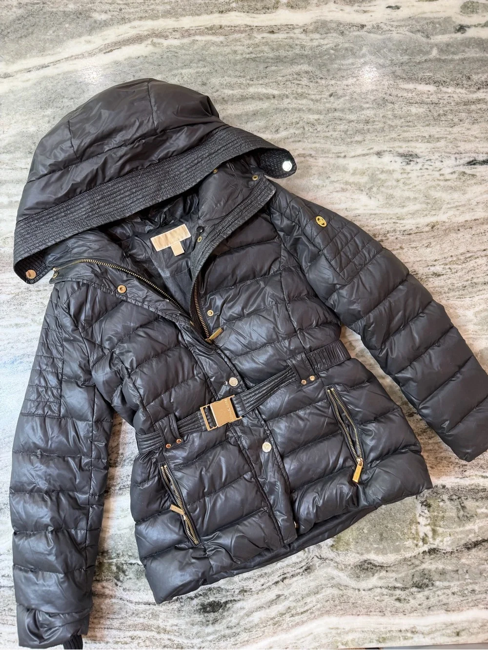 Michael Kors Black Quilted Belted Puffer Jacket with Hood Medium